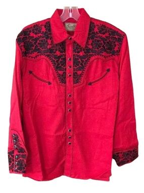 Scully Men’s Unisex red w/ black embroidered western chic pearl snap  S/men M/wm